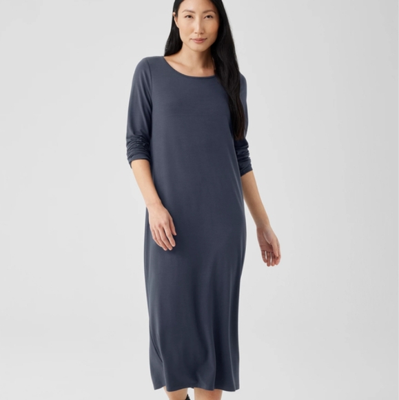 Eileen Fisher Blue Sheath Dress Long Sleeve Crew Neck Slim Fit Dress - Picture 2 of 8